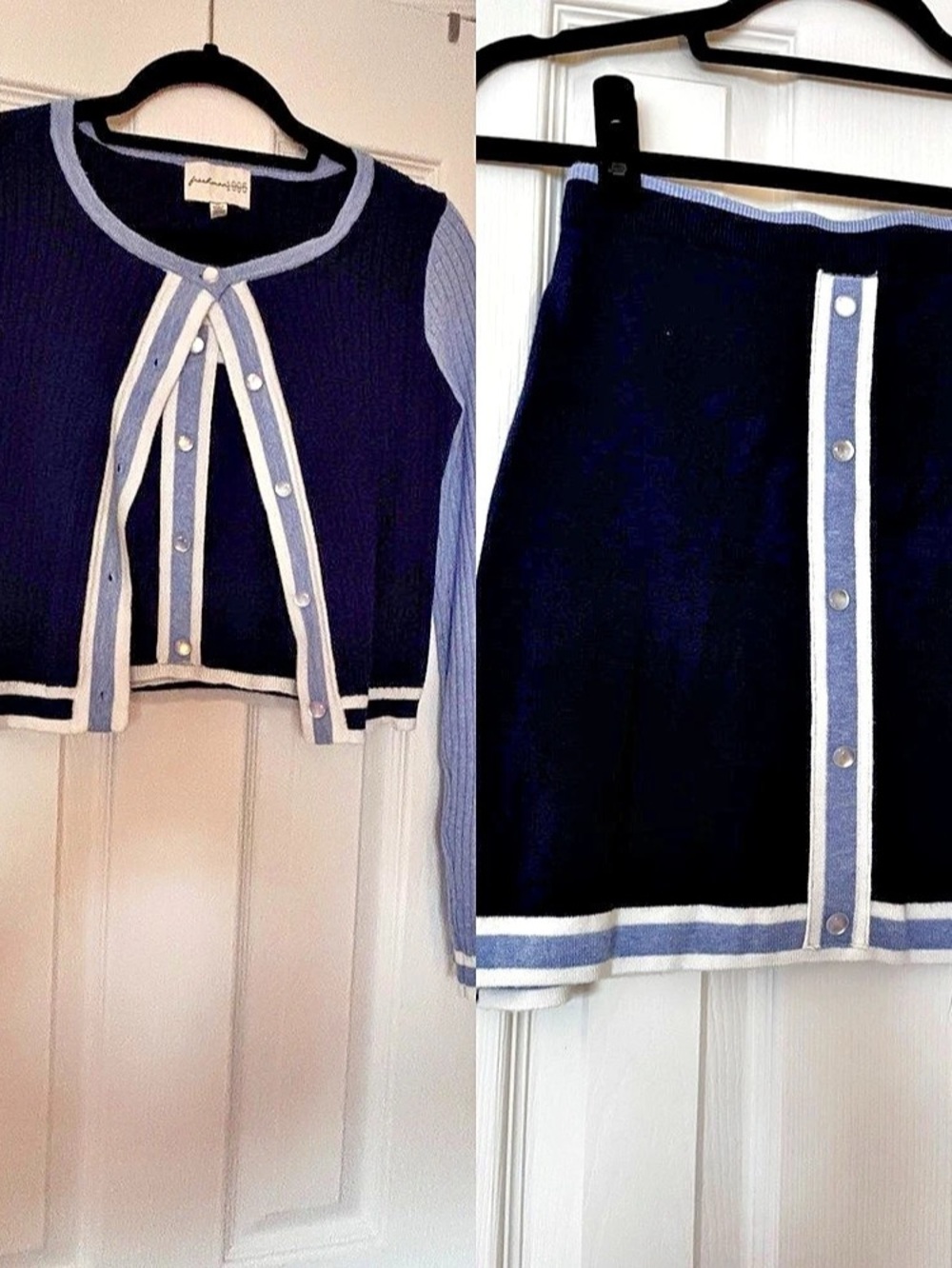 Preppy Blue & White Cardigan + Top + Skirt Matching Set